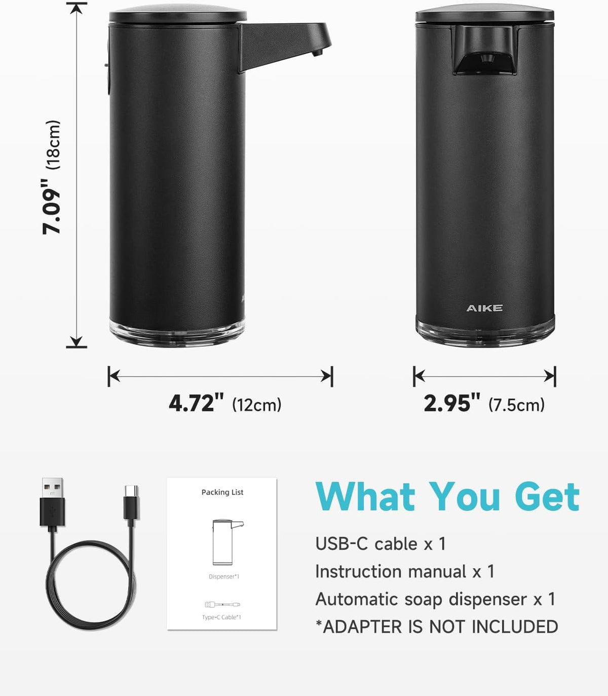 AIKE SensePro Automatic Soap Dispenser Type-C Rechargable, Stainless Matte Black Coating 12.8 fl.oz. for Liquid Soap
