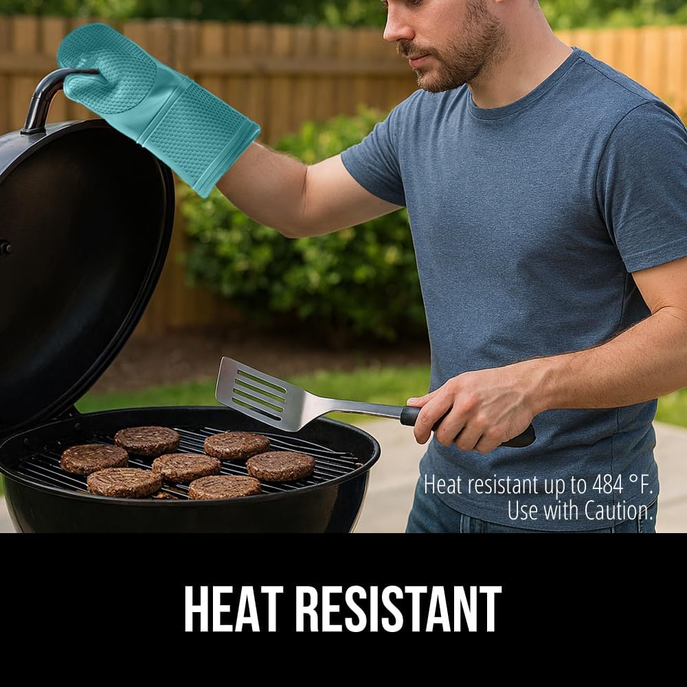 GORILLA GRIP BPA-Free Soft Silicone Oven Mitts, Heat Resistant and Waterproof Cooking Gloves, Thick Cotton Lining, Flexible Gripping for Baking Grilling, Kitchen Potholders Set, 12.5x8.3, Turquoise