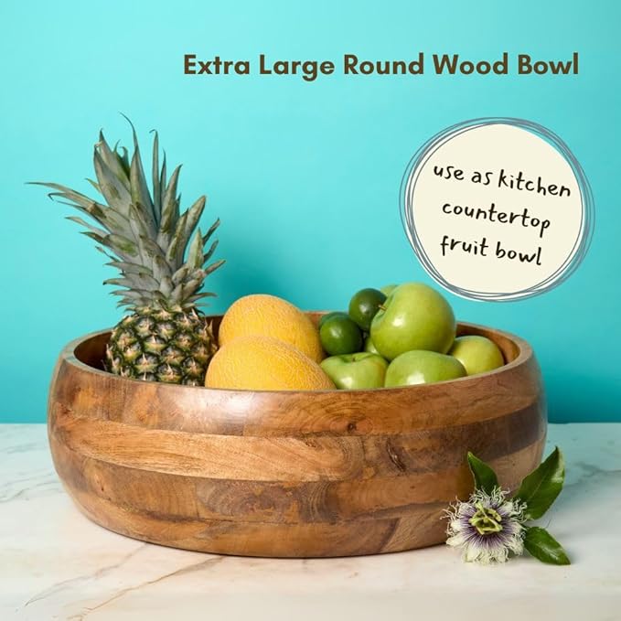 Extra Large Salad Bowl, 17" Wide, Big Serving Dish for Salad, Pasta, Cut Fruit, Party, Catering, Wedding, Restaurant, Kitchen Countertop Fruit Bowl, Farmhouse Style, Mango Wood