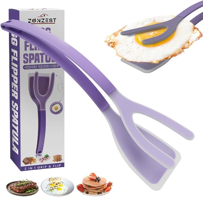 Silicone Egg Flipper Spatula Tongs (Set of 1) – Non-Stick 2-in-1 Grip & Flip Kitchen Tongs for Pancakes, Fish, Eggs, and More – Heat Resistant Cooking Tool (Purple)