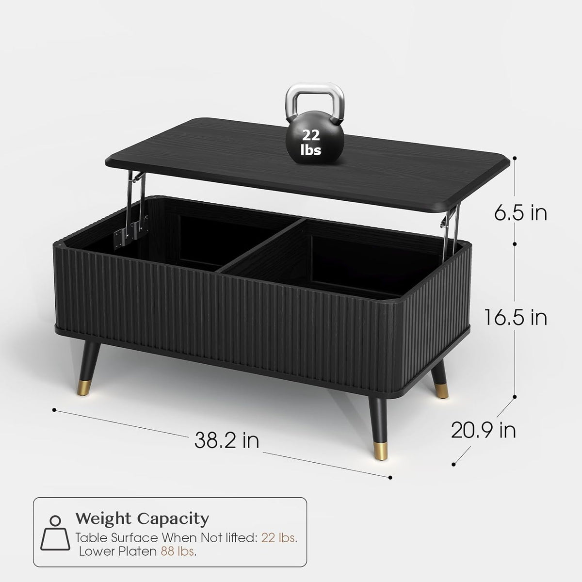 Lift Top Coffee Table, Mid Century Modern Coffee Table with Hidden Storage Compartment, 38" Fluted Center Table for Living Room, Home Office, Black