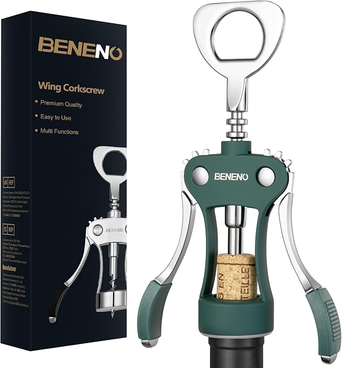 Beneno Wine Opener, Zinc Alloy Premium Wing Corkscrew with Multifunctional Bottles Opener, Sharp Wine Corkscrew with Ergonomic Non-Slip Wing Handle, Dark Green