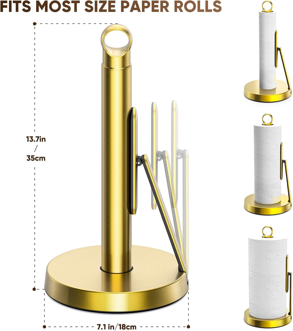 theaoo Heavy-Duty Stainless Steel Paper Towel Holder with Tension Arm – Easy One-Handed Tear, Modern Standing Countertop Dispenser for Kitchen, Holds All Paper Towel Rolls (1, Gold)