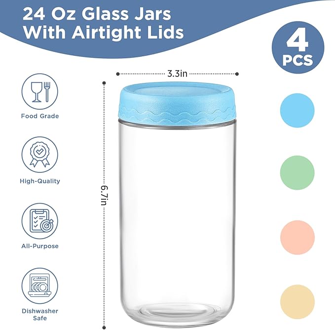 DRKIO 24 Oz Overnight Oats Containers with Lids - 4 Pack Glass Storage Jars with Airtight Lids Wide Mouth Mason Food Jars Great for Meal Prep Salad Chia Pudding Snacks Yogurt Sugar Spice Cereal