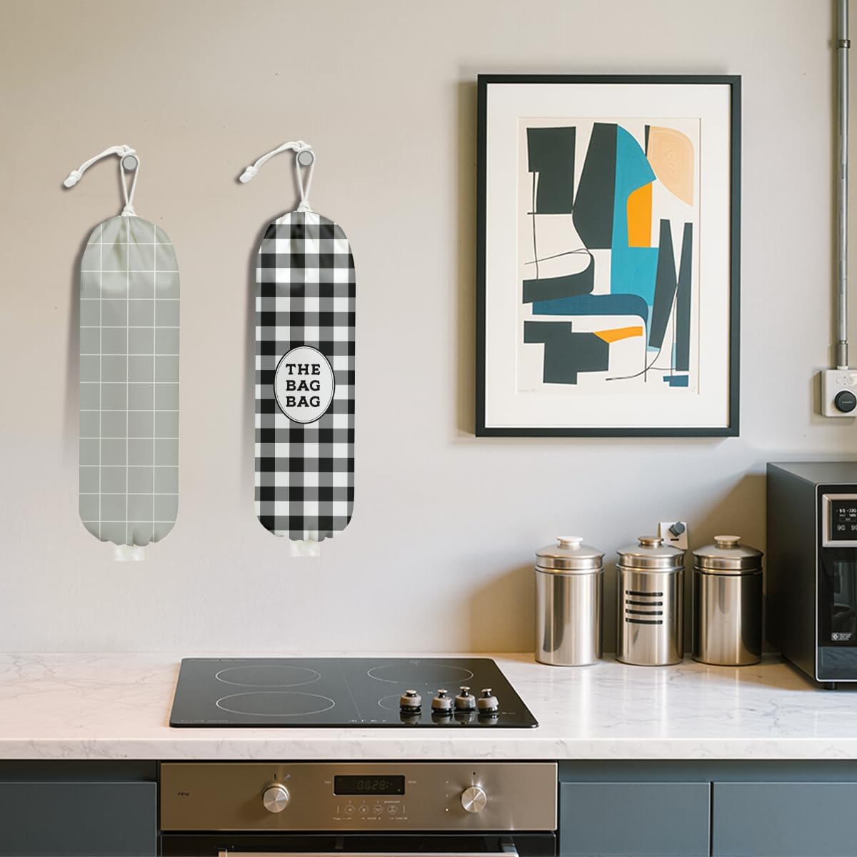 2Pcs Black White Buffalo Check Plaid Plastic Bag Holder, Wall Mount Grocery Bag Holder for Plastic Bags, Minimalist Grid Reusable Grocery Bags Storage Dispenser for Home Kitchen Farmhouse