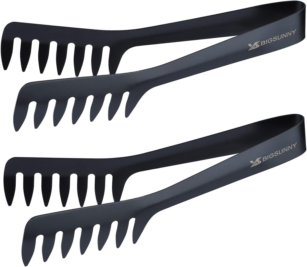 MSY BIGSUNNY 8-Inch Pasta Tongs, Stainless Steel Food Serving Tongs, Rust-Proof Spaghetti Tongs (Set of 2, Black)
