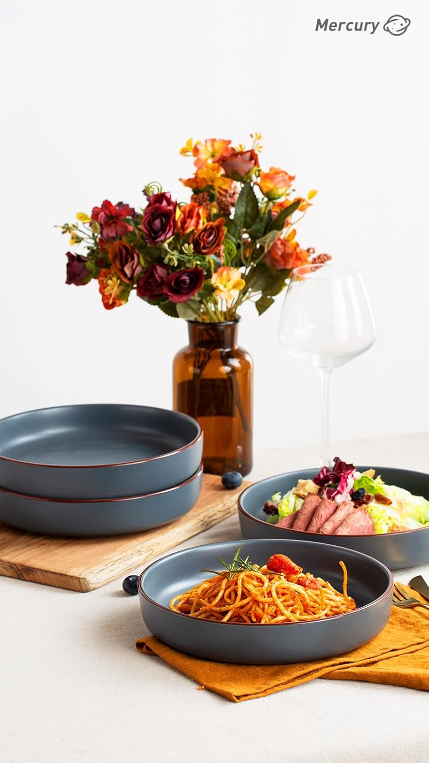 famiware Mercury Pasta Bowls Set of 4, 33 oz Large Salad Bowls, Ceramic Pasta Plates Bowls, Serving Bowls for Kitchen, Microwave & Dishwasher Safe, Charcoal
