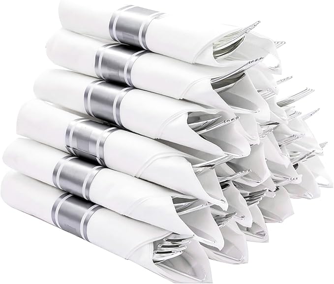 N9R 50 Pack Pre Rolled Silver Plastic Cutlery Set, 50 Forks, 50 Knives, 50 Spoons, 50 Napkins, Disposable Cutlery Set for Party and Wedding