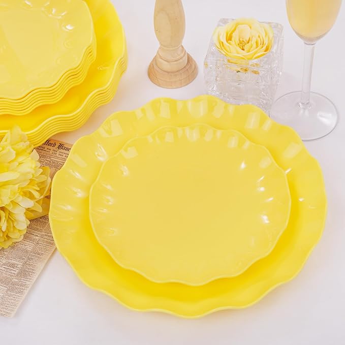 LIYH 24 Pcs Yellow Plastic Plates Reusable, Unbreakable Dinner Plates, Salad Plate, Microwave & Dishwasher Safe, Plate Sets Perfect for Parties,Birthday,Picnics (12guests)