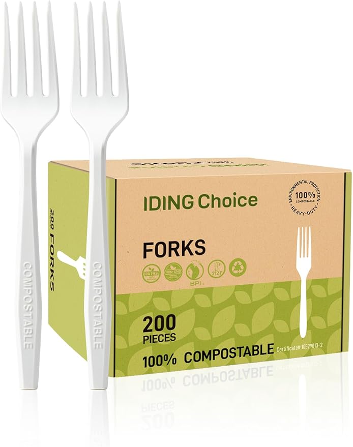 Compostable Forks No Plastic Silverware 200 count disposable cutlery flatware heavy duty party utensils Eco Friendly Heavyweight White Fork for Wedding Office BBQ Picnic Outdoor Event