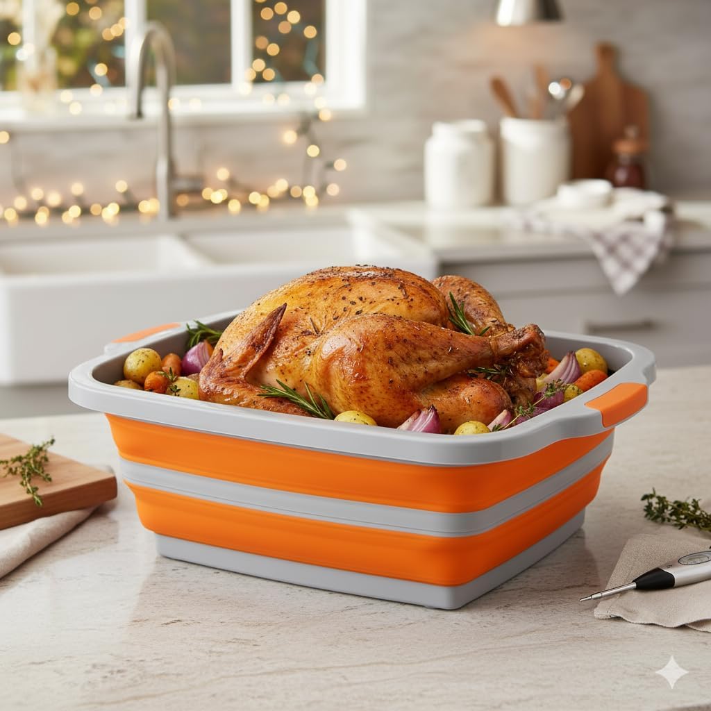 Collapsible X-Large (16L) BBQ Marinating Tub w/Cutting Board | Multipurpose Food-Grade TPE Prep Tub w/Lid | Built-In Colander & Drain Plug - For Camping | Tailgate | Picnic - Bold Orange