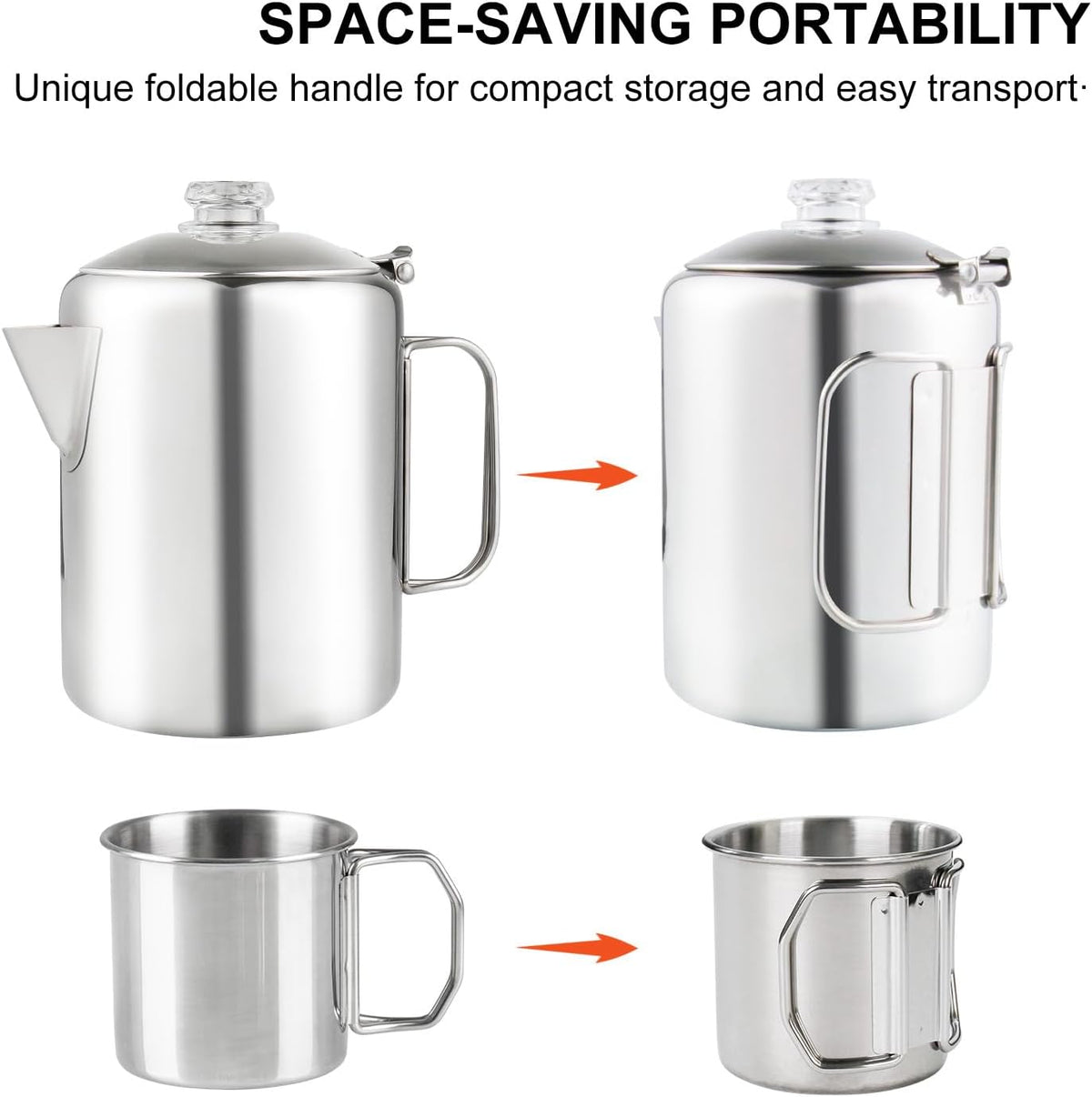 Coffee Percolator Bundle with 2 Mugs Stainless Steel Coffee Maker with Heat Resistant Tough Glass Knob & Foldable Handle Using on any Stovetop Outdoor Camping NO Aluminum NO Plastic (8 Cup)