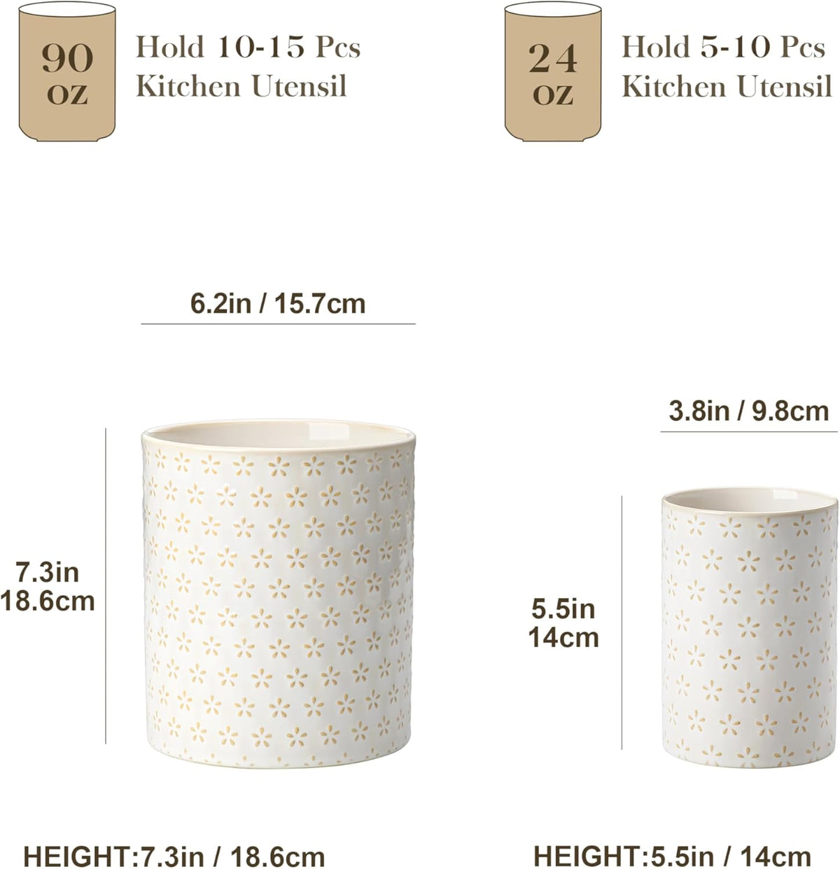 MALACASA LYDIA Ceramic Utensil Holders, 7.3"+5.5" Kitchen Utensil Crock Set for Countertop, Large & Small Utensil Organizers for Cooking Tools, Five-Leaf Grass Pattern