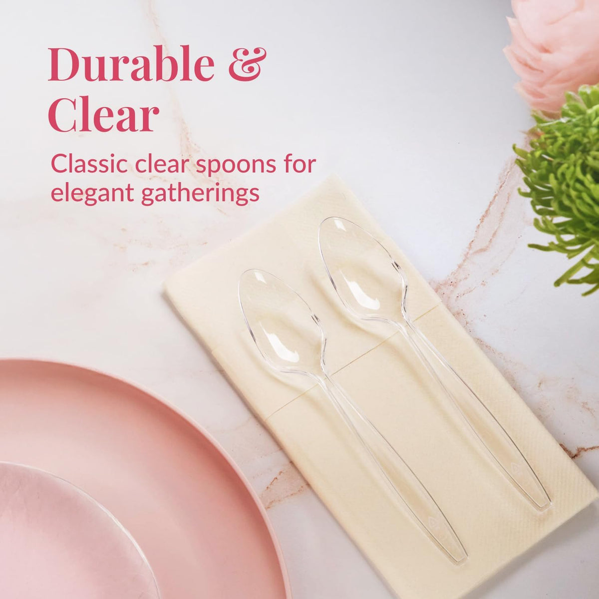 Prestee 100 Clear Plastic Spoons Bulk - Durable Disposable Plastic Silverware Spoons - Heat-Resistant Spoon Cutlery - Heavy Duty Flatware Pack - Disposable Silverware Utensil Set for Hot and Cold Food
