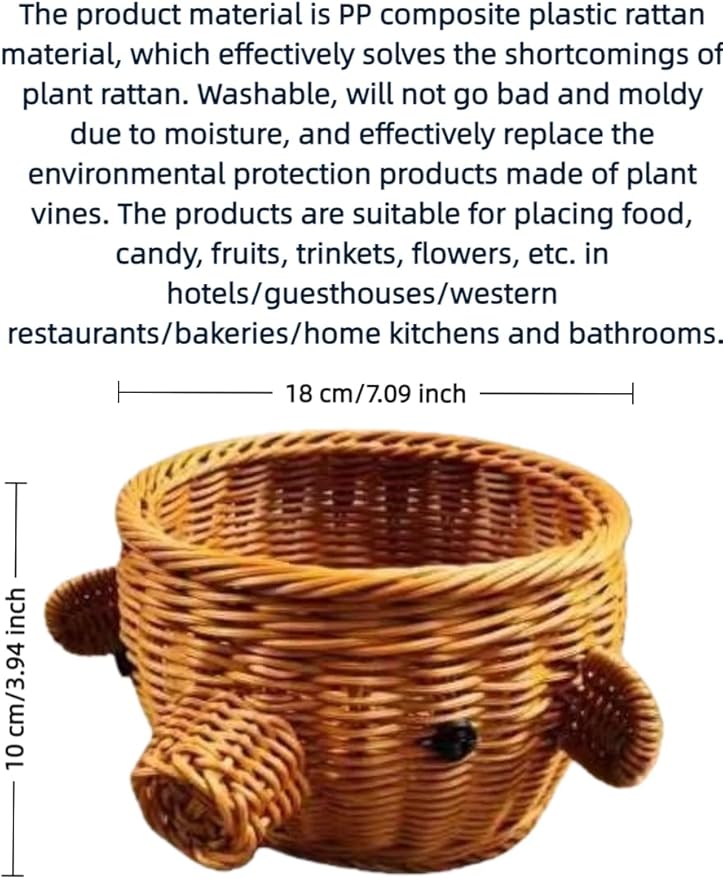 hand-woven round rattan basket storage basket storage box ornaments decorative basket multifunctional picnic food bread basket fruit gift basket key basket. (pig)