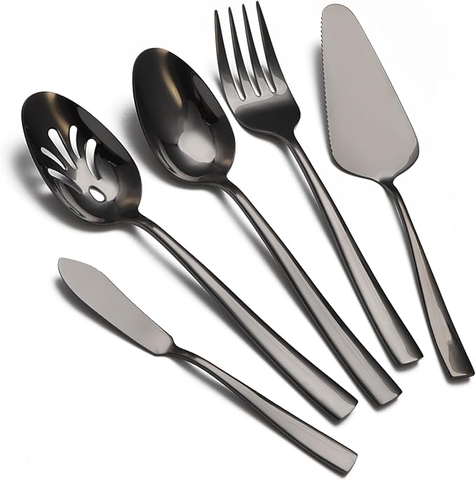 Large Hostess Serving Utensils Set, Stainless Steel Heavy Duty Serving spoons, Slotted Spoons, Serving Fork, Cake Server, Butter Knife, Dishwasher Safe (Black)