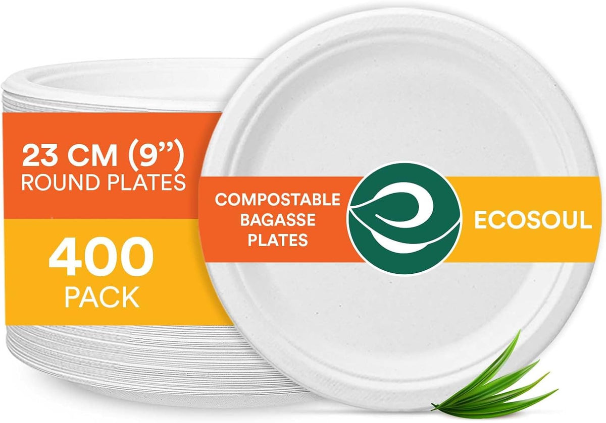 ECO SOUL Pearl White 9 Inch 400 [4x100 Pc] Paper Plates | 100% Compostable Disposable Bagasse I Heavy Duty Eco-Friendly Dinner Plates I Biodegradable Sugarcane Eco | Microwavable