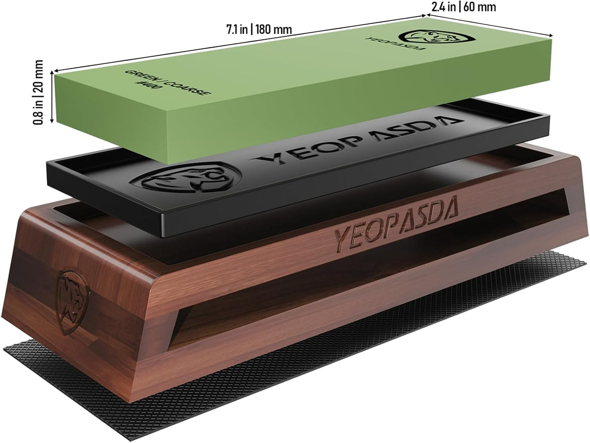 Premium Knife Sharpening Stone Kit - YeopAsda 3 Sides Grit 400/1000/6000 Whetstones - Knife Sharpener Stone with Non-Slip Wood Base, Angle Guide & Cut Resistant Gloves