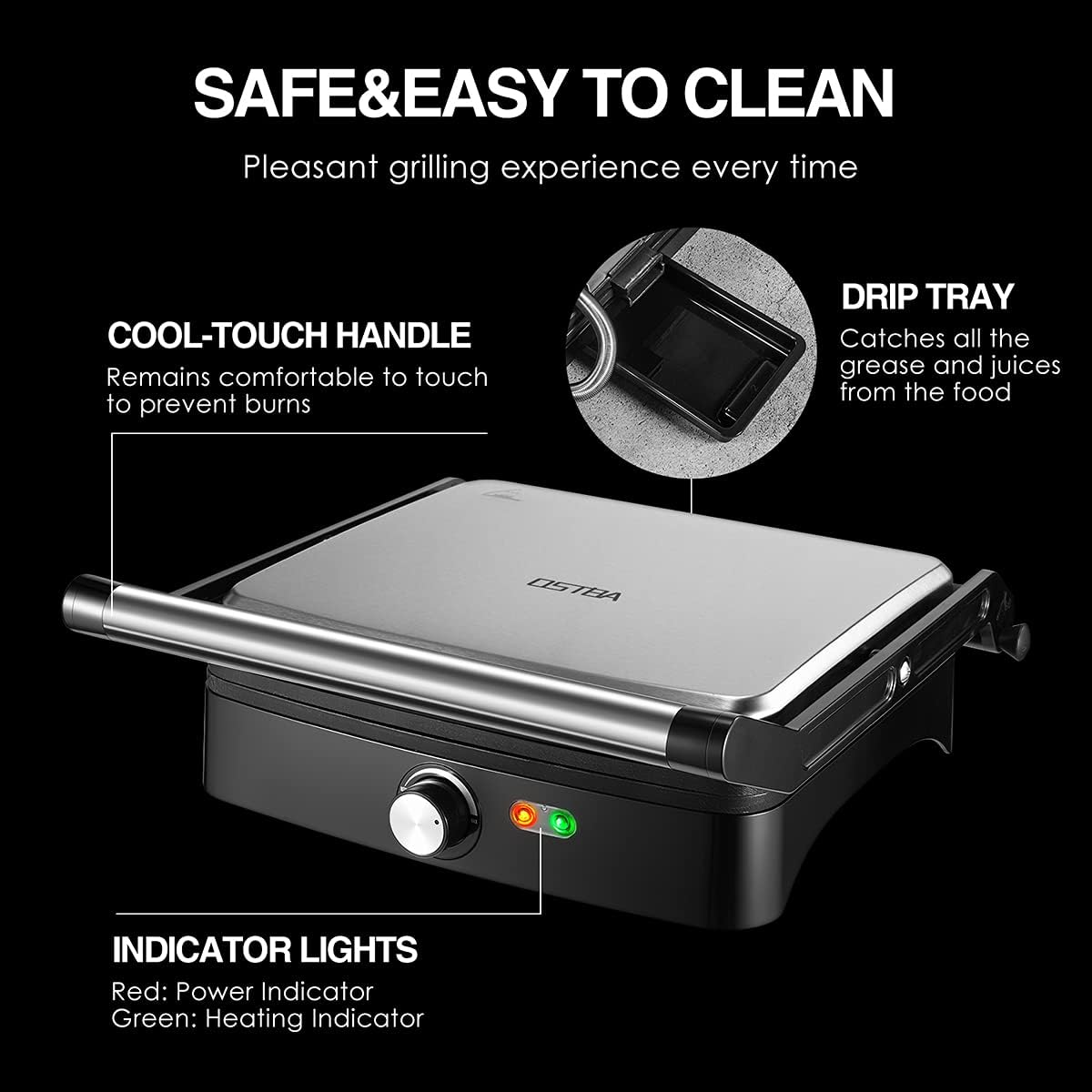 OSTBA Panini Press Grill Indoor Sandwich Maker with Temperature Setting, 4 Slice Large Non-stick Versatile Grill, Opens 180 Degrees to Fit Any Type or Size of Food, Removable Drip Tray, 1200 W