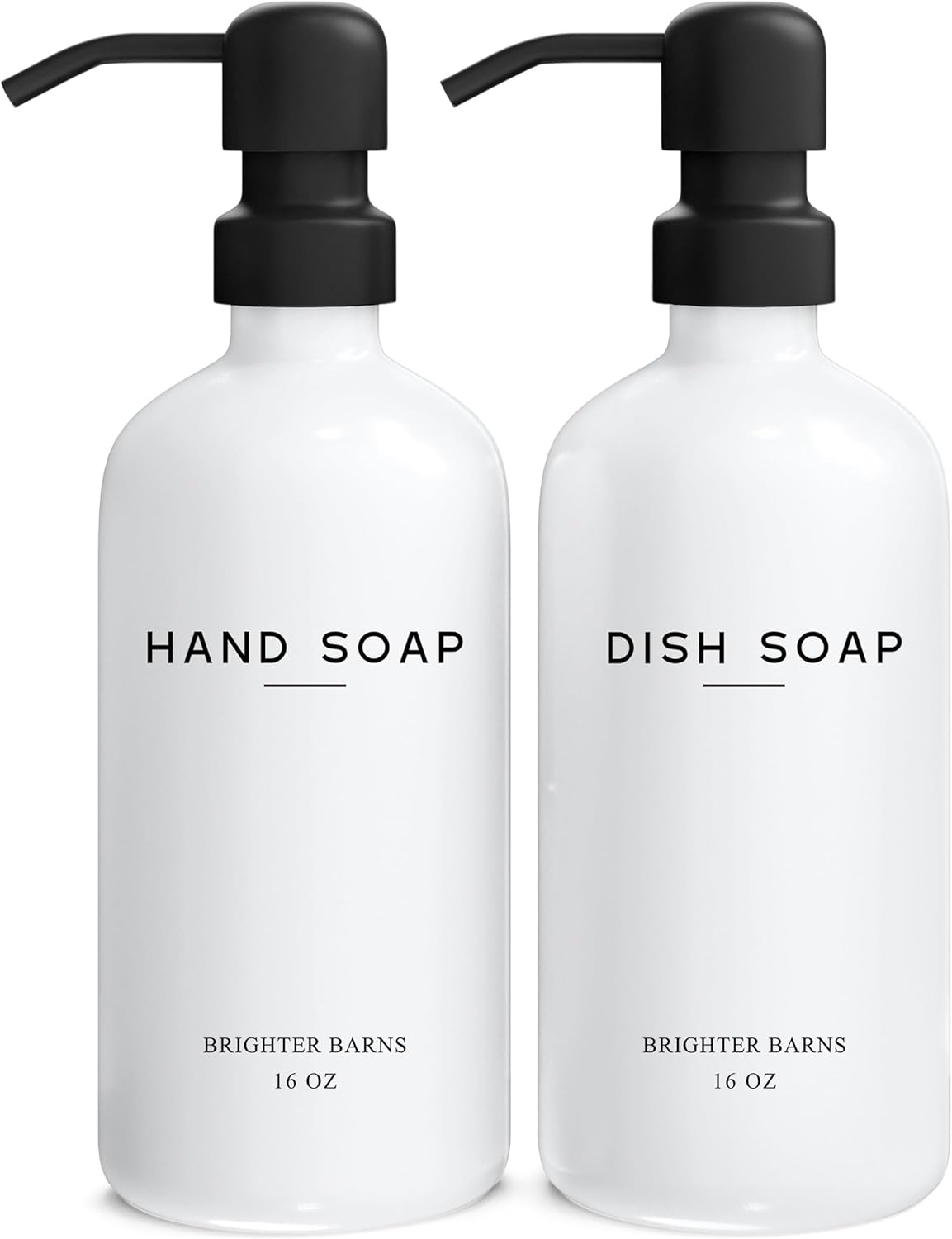 White Glass Hand and Dish Soap Dispenser Set by Brighter Barns - Kitchen Soap Dispenser & Stainless Steel Pump - Glass Bottles for Kitchen Sink - Farmhouse Home Decor, Bathroom Accessories (White)