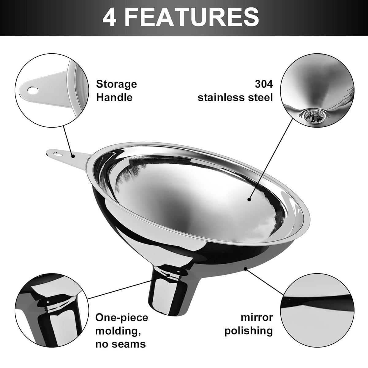Stainless Steel Large Funnel (5.7 in. X 1 in. Mouth), Metal Funnel for Bottle Filling, Filling Funnel for Spices, Juices, Powders, Coffee Beans, Honey, Milk(without filter)