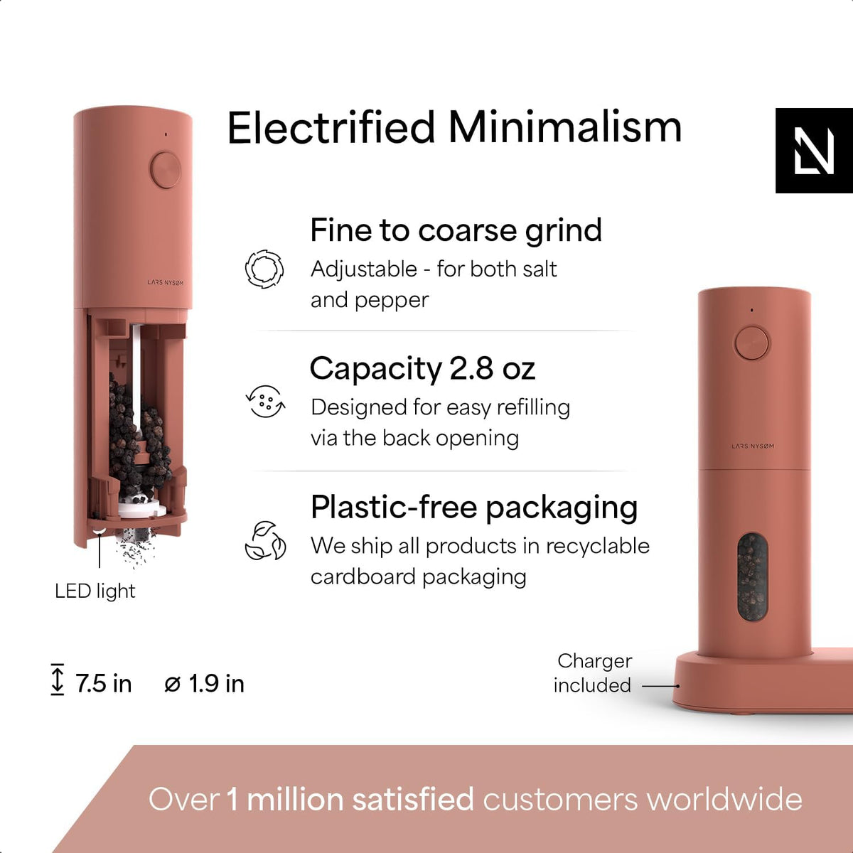 LARS NYSØM Electric Salt and Pepper Grinder Set, USB Rechargeable, Automatic Salt and Pepper Mills, Spice Shakers Refillable with LED Light, Adjustable Coarseness, Ceramic Grinder (Brick Red)