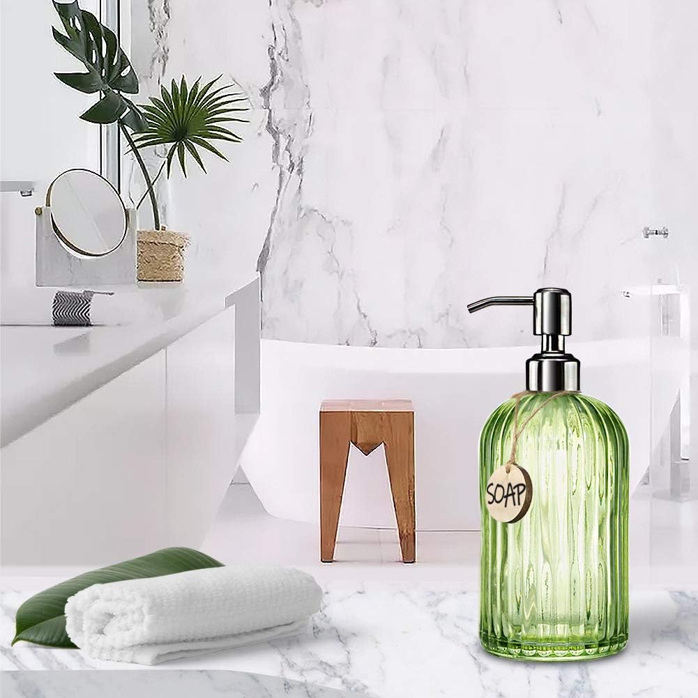 JASAI 18 Oz Vertical Striped Green Soap Dispenser with 304 Rust Proof Stainless Steel Pump, Refillable Lotion Soap Dispenser for Bathroom, Kitchen, Hand Soap, Dish Soap (Clear Green)
