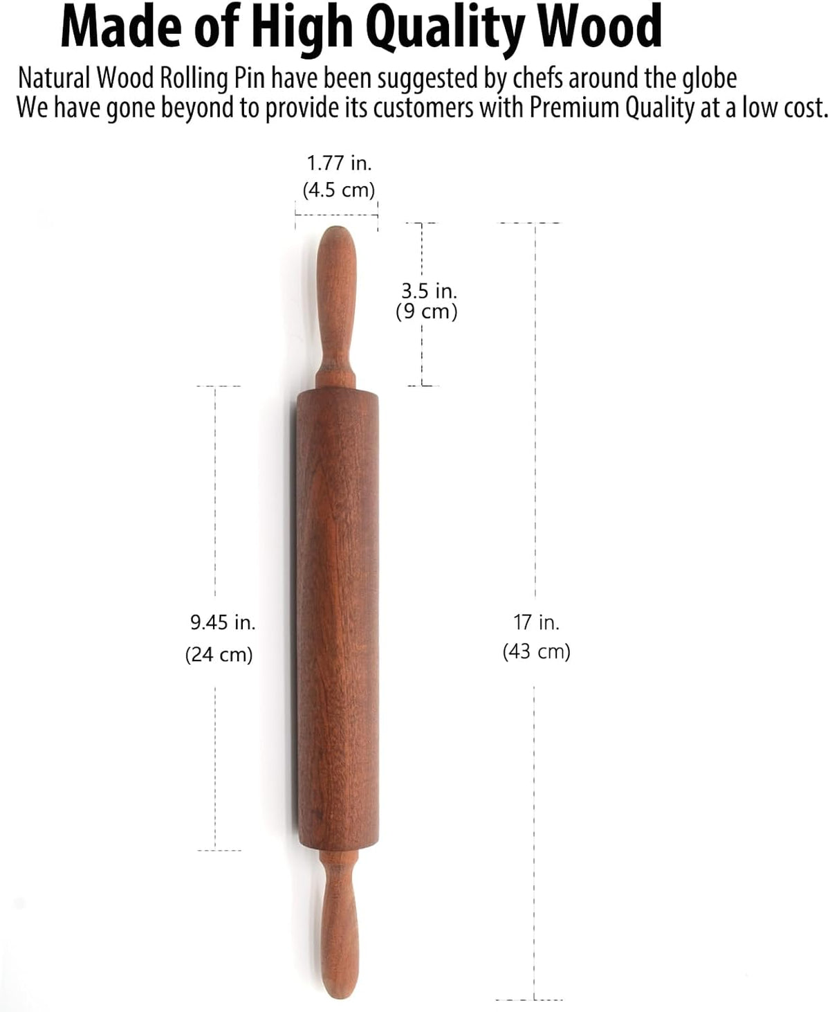 Classic Sapele Wooden Rolling Pin With Handles,Wood Baking Roller （17''L x 1.77"W)