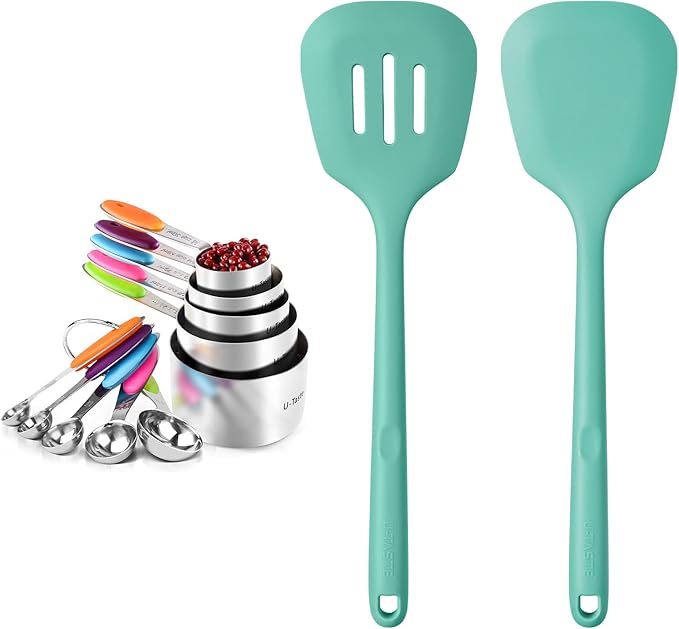 U-Taste 18/8 Stainless Steel Measuring Cups and Spoons (Set of 10, Multicolor), and 600ºF Heat Resistant Silicone Turners, 13.6in Long Solid & Slotted Kitchen Spatula (Aqua Sky)