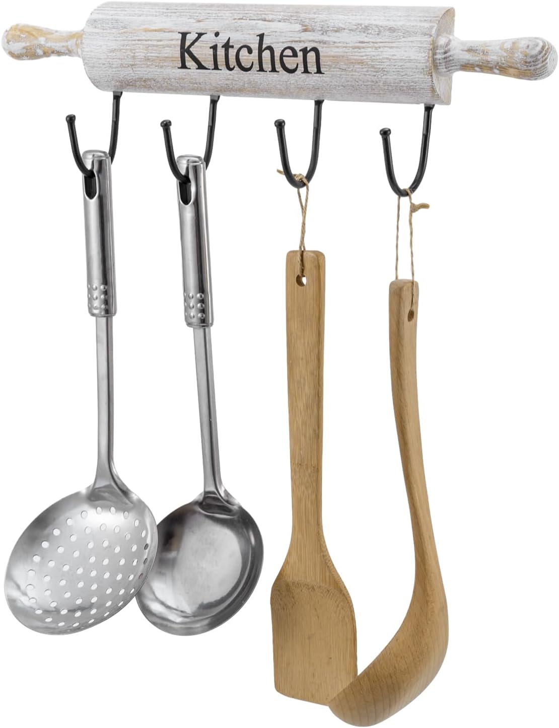MyGift Wall Mounted Kitchen Utensil Rack, Rustic White Washed Wood Rolling Pin Cooking Tool Hanger with 4 Hooks for Aprons, Dish Towel, Mugs, Spoons