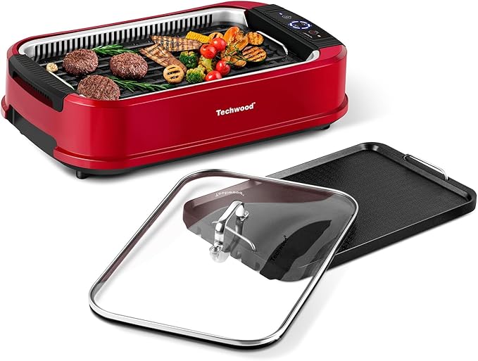 Indoor Smokeless Grill, Techwood 1500W Electric Indoor Grill with Tempered Glass Lid, Portable Non-stick Korean BBQ, Turbo Smoke Extractor Technology, Drip Tray& Double Removable Plate, Red