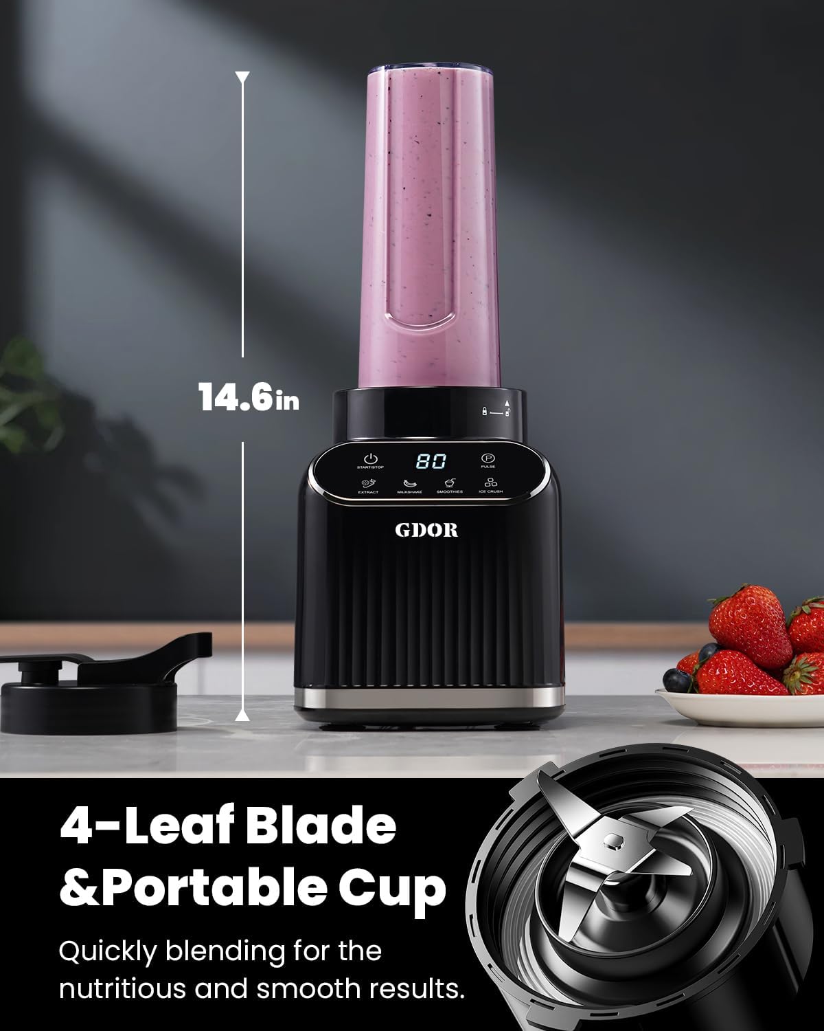 GDOR Professional Blender for Smoothies, 5 Functions, 1200 Peak Watts Smoothie Blender, 52 Oz Glass Jar & 24 Oz To-Go Cup Combo, Blenders for Smoothies, Ice and Frozen Fruit, Self-Cleaning