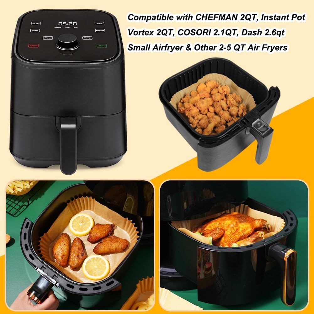 BYKITCHEN Small Air Fryer Disposable Liners for 2 to 5 QT Airfryer, 200PCS Mini Air Fryer Parchment Paper Liners, Compatible with CHEFMAN 2 QT, Cosori 2.1 QT, Dash 2.6 Qt, Instant Pot Mini Airfryer