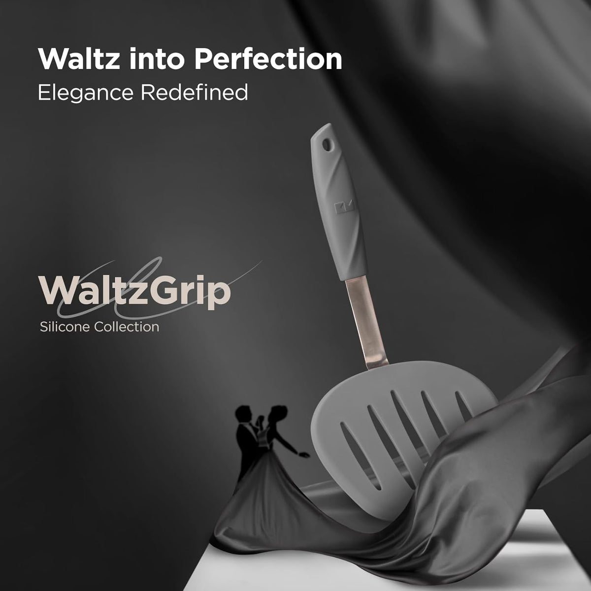 Kitchen Mama WaltzGrip Platinum Silicone Pancake Spatula Turner: Heat Resistant Flexible, Stainless Steel Core, Nonstick, Dishwasher Safe, Flipper – Ideal Kitchen Cookware Egg, Fish, Meat (Metal Gray)