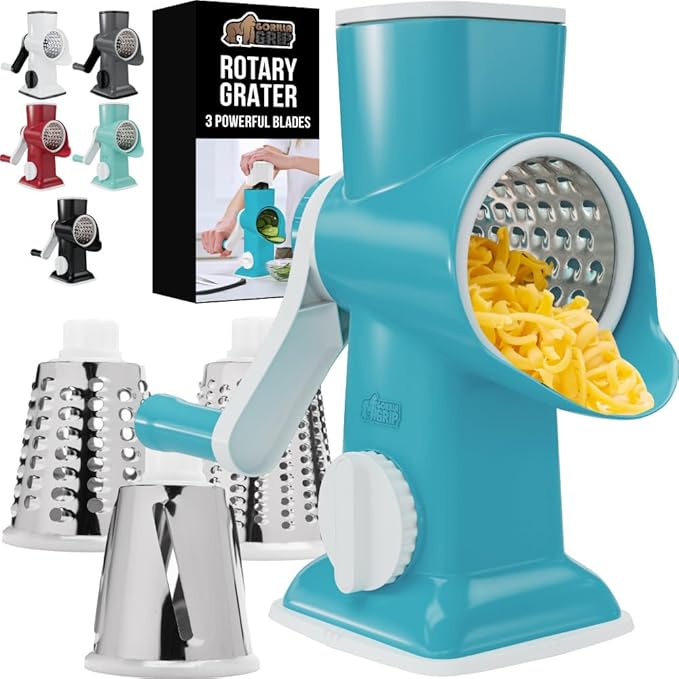 GORILLA GRIP BPA-Free Rotary Cheese Grater Hand Crank, Easy to Set Up, Strong Suction Base for Kitchen Countertop, Shred Potato, Vegetable, Nuts in Seconds, Round Mandoline Slicer, 3 Blades, Turquoise