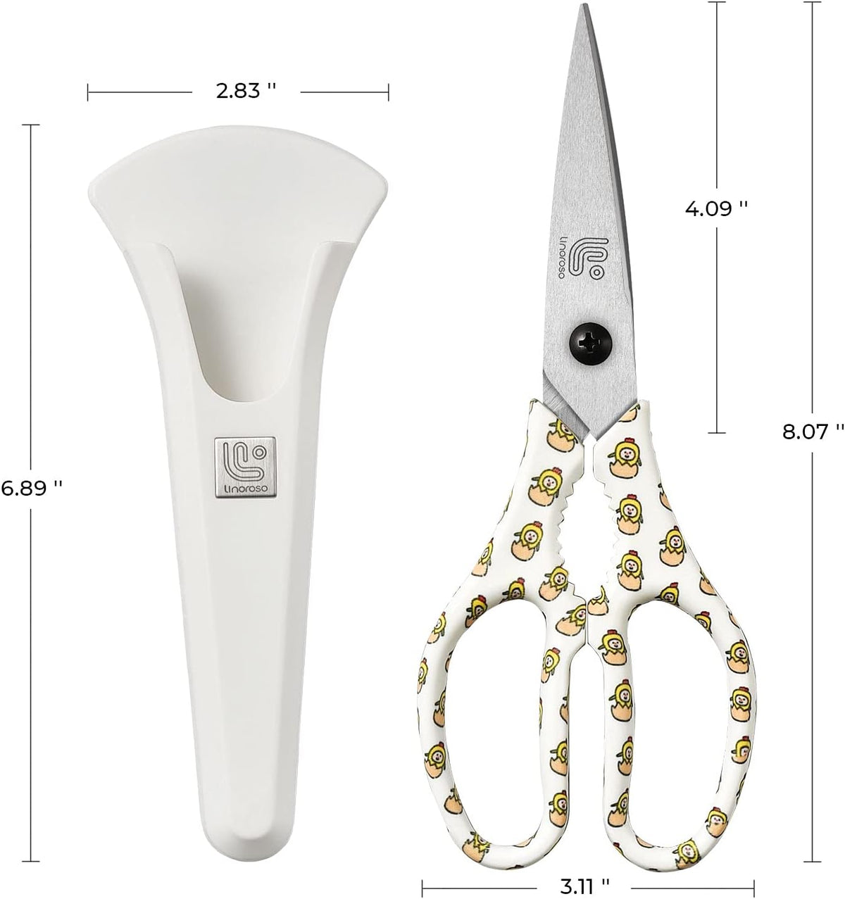 Linoroso Kitchen Scissors Heavy Duty Kitchen Shears with Magnetic Holder Made with Japanese Steel 4034, Multipurpose Ultra Sharp Cooking Scissors for Meat/Vegetables/BBQ/Herbs/Pizza (Graphic,Chick)