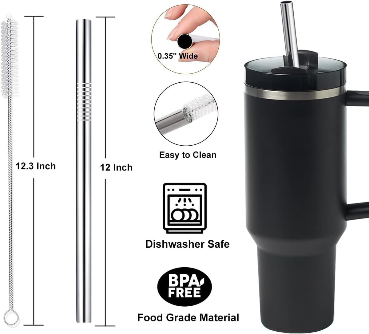 12" Stainless Steel Straws Replacement for Stanley Adventure Quencher 40 oz 30 oz Cup Tumbler, 4 Pack Metal Straws Reusable with Cleaning Brush for Stanley 40 oz & Simple Modern Tumbler with Handle