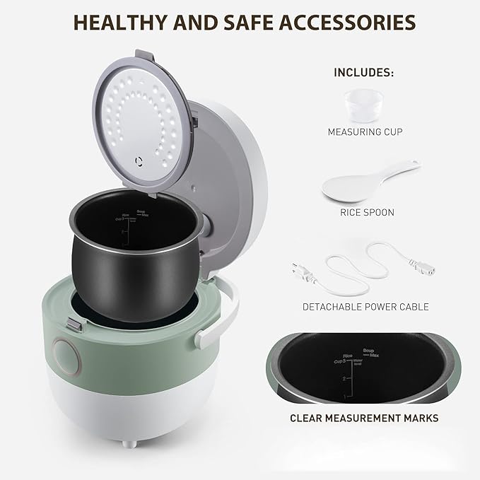 Bear Rice Cooker 3 Cups (Uncooked), 3D Heating and Fuzzy Logic, Healthy Nonstick Small Rice Cooker, PFAS-Free, Touch-Screen, for White/Brown Rice Quinoa Oatmeal Soup