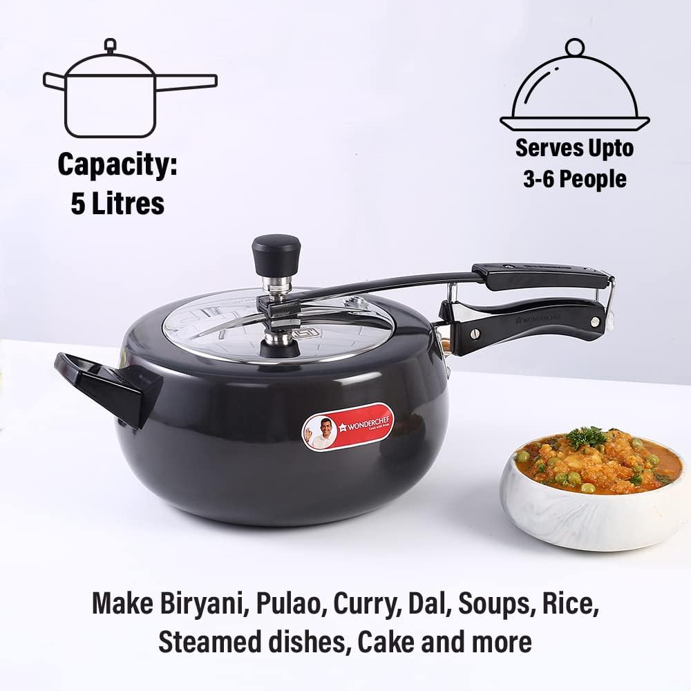 Wonderchef Taurus Hard Anodized Inner Lid Pressure cooker, 5 liter, Cool Touch Handles for Durability, Induction Friendly, 5 year warranty, ISI Certified5 LitresBlack