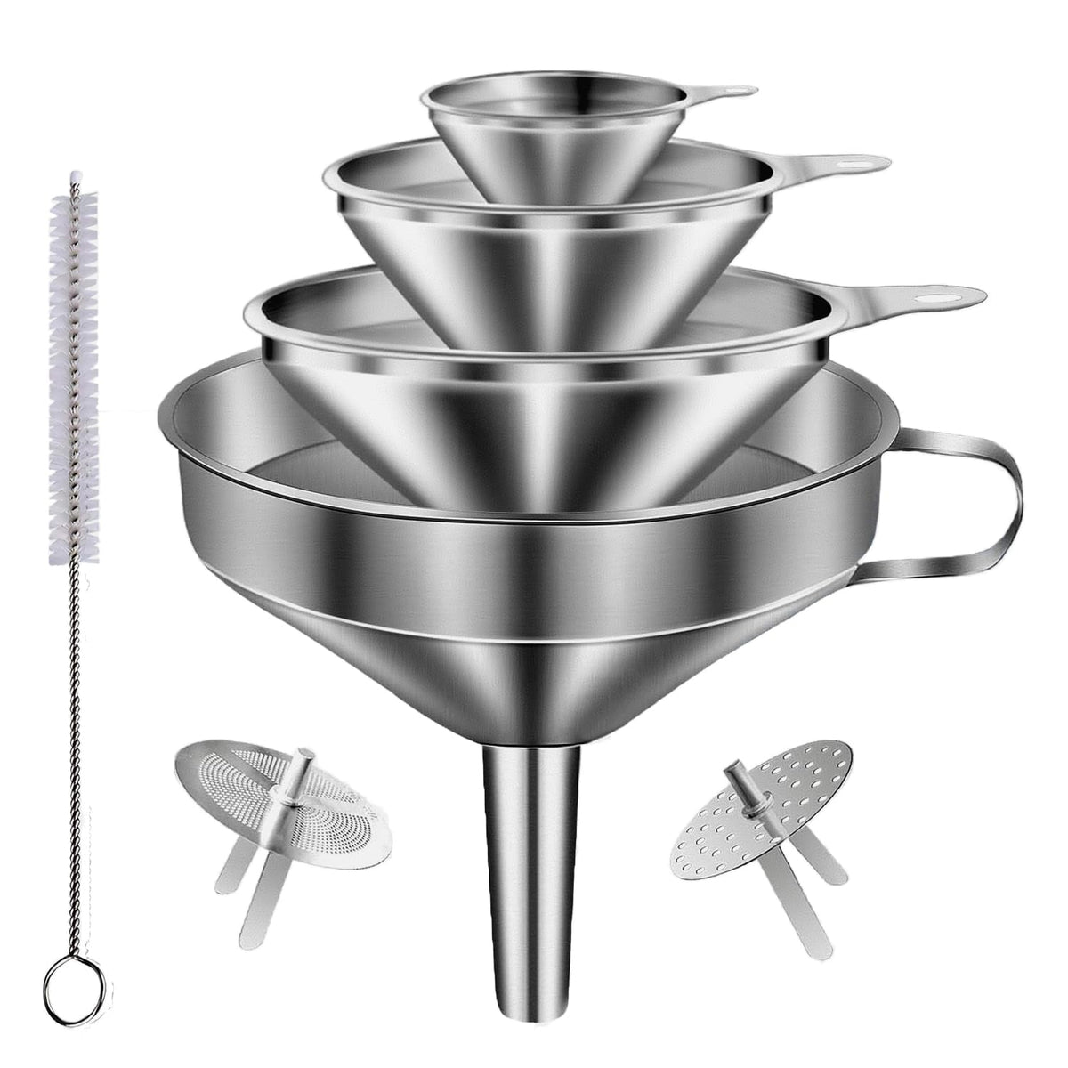 Stainless Steel Funnels for Kitchen use,4PCS Kitchen Metal Funnel with 2 Removable Strainer,Cleaning Brush.Funnel for Filling Bottles,for Transferring of Liquid,Oils,Jam (5.1",3",2.2",1.8")
