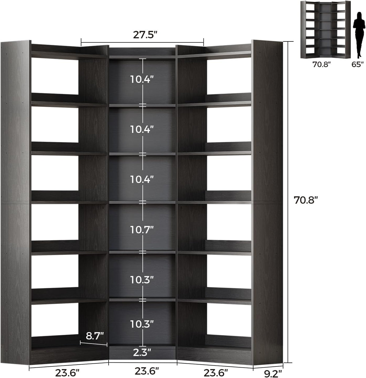 IRONCK Corner Bookshelf, 7-Tier Bookshelf with Storage, Corner Bookcases with Baffles Etagere Shelf for Living Room Home Office Bedroom, Black