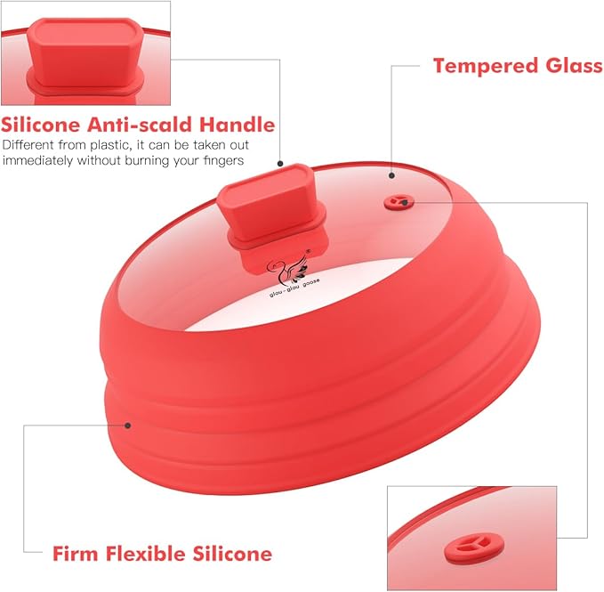 Microwave Splatter Cover Glass Splatter Guard Lid with Collapsible Silicone for Food Pot Plate Cover 10.8 inch Red