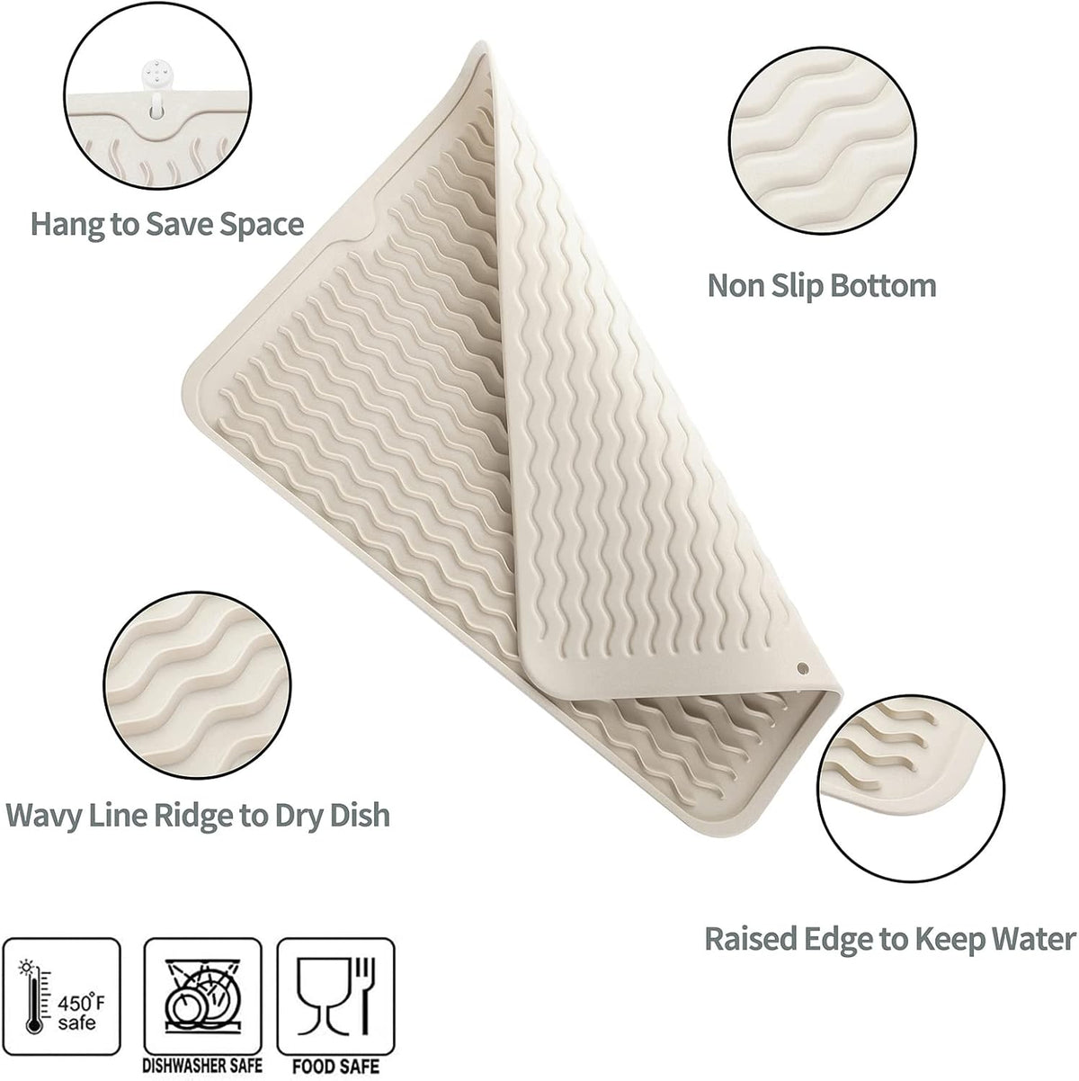 Silicone Dish Drying Mat for Multiple Usage,Easy clean,Eco-friendly,Heat-resistant Silicone Mat for Kitchen Counter or Sink,Refrigerator or drawer liner Tapioca L 16 inches x 12 inches