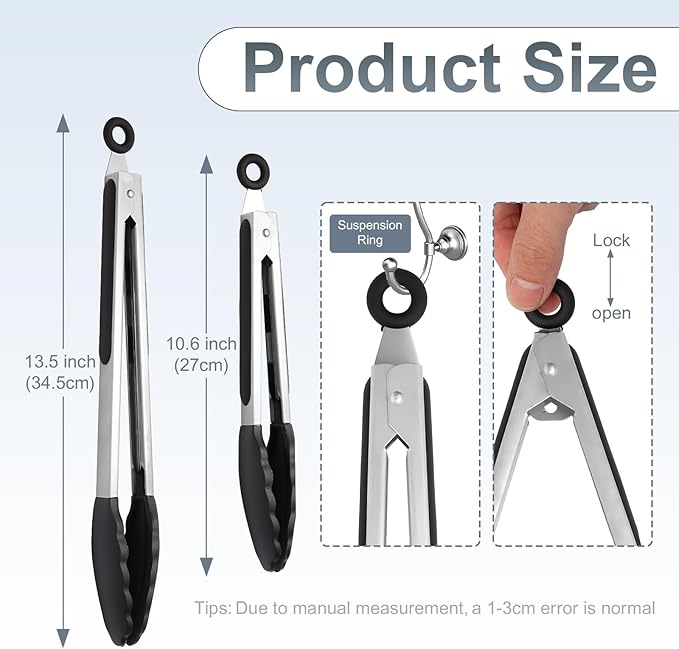 2 Pack Black Premium Stainless Steel Heat Resistant Kitchen Tongs for cooking,set of 9" and 12",Non Scratch Silicone cooking Tong Tip for Cooking Pans,Strong Grip BBQ tongs for Grabbing Hot Food