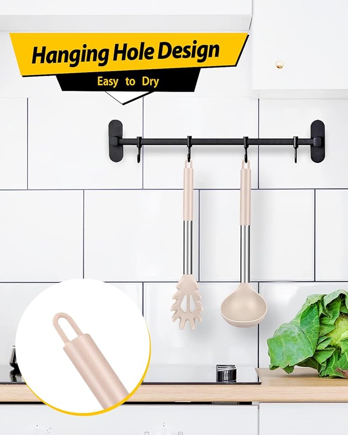 Silicone Pasta Fork and Ladle Spoon Set, Large Non Stick Kitchen Utensils for Cooking,Stirring,Serving Spaghetti, Soup, Sauce (KHAKI)