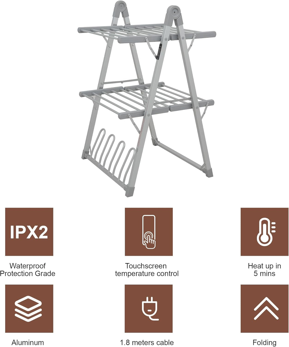 Electric Heated Clothes Drying Rack,Foldable Heated Garment Dryer with Timer Shut-Off Laundry Rack for Clothes Shoes Socks,Aluminum Alloy,Silvery Gray,Plug & Play,(39.37x25.98x23.82in)