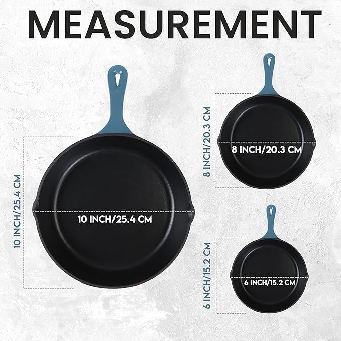 Utopia Kitchen Saute Frying Pan 3 Piece Set, Cast Iron Chefs Pan, Pre Seasoned Cast iron Skillets, 6, 8 & 10 Inches, Easy Use in the Oven, Stove, Grill, or Campfire, Teal