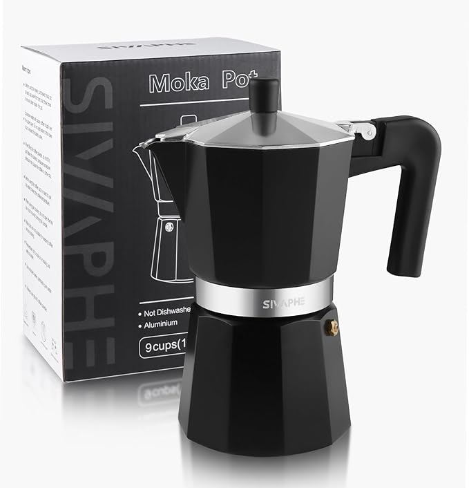 Sivaphe Aluminum Moka Pot 9 Espresso Cups, Percolator Espresso and Coffee Maker, Portable Stovetop Italian and Cuban Café Brewer for Home and Camping Black
