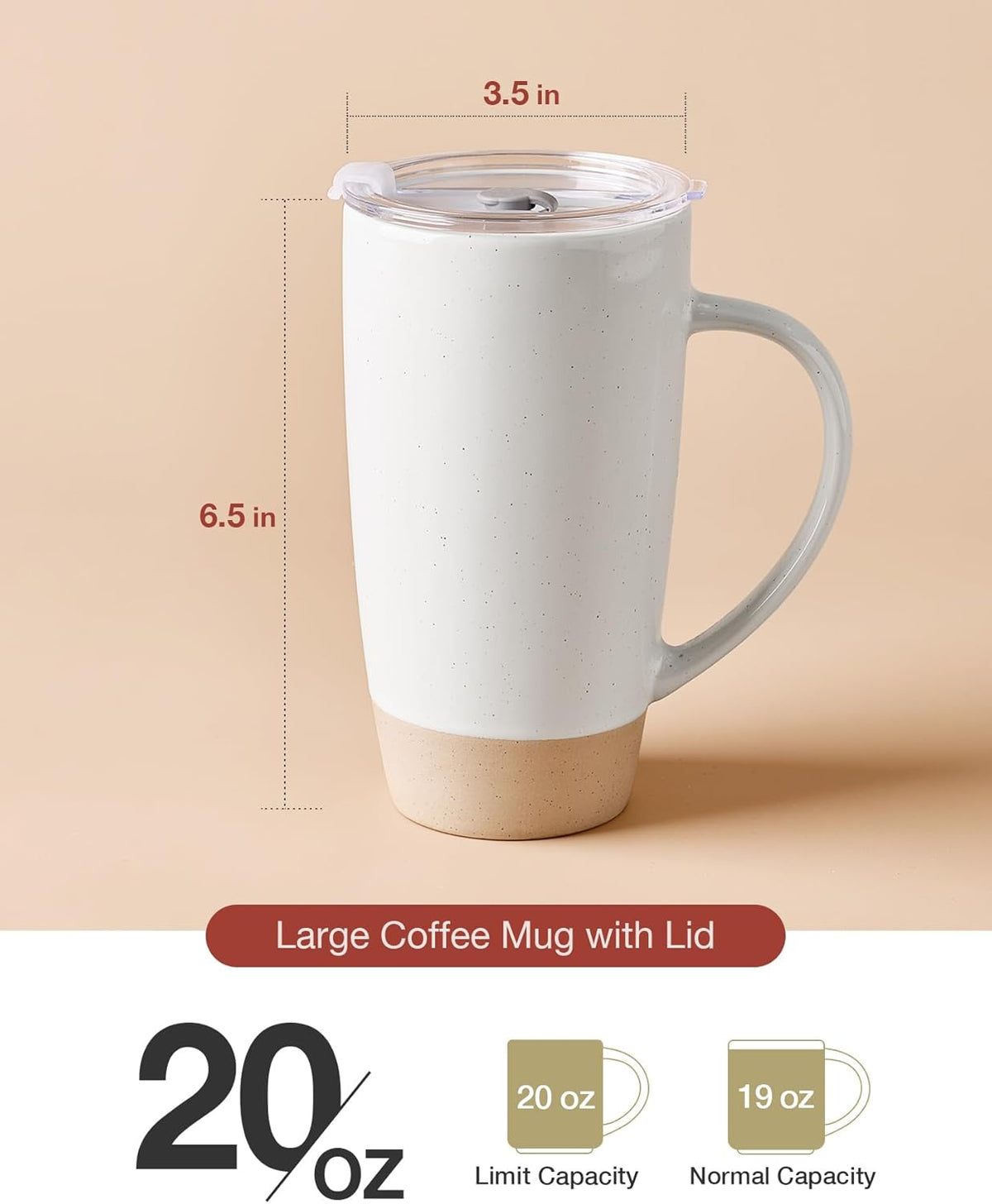 famiware Milkyway Coffee Mugs, 20oz Large Coffee Mug, Ceramic Mug Set of 2 with Lid, Cup Set with Handle for Latte, Tea, Cocoa, Milk, Home & Office, White and Cinnamon Brown