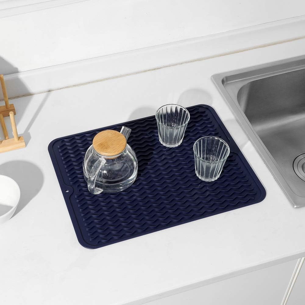 Silicone Dish Drying Mat for Multiple Usage,Easy clean,Eco-friendly,Heat-resistant Silicone Mat for Kitchen Counter or Sink,Refrigerator or drawer liner Navy Blue L 16 inches x 12 inches